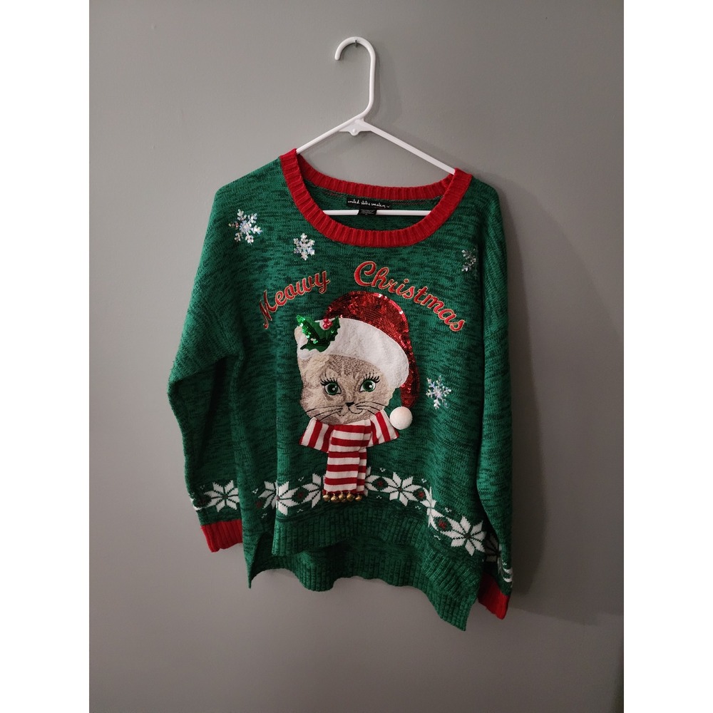 United States Sweaters Women XL Green Meowy Christmas Cat Ugly Holiday Sweater
